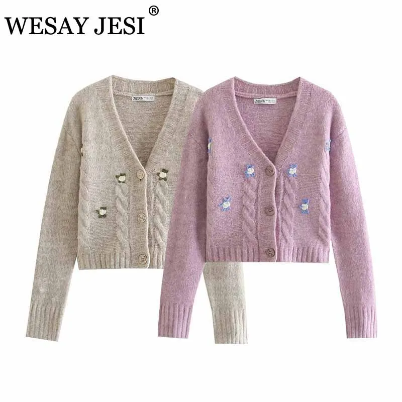 

WESAY JESI ZA Fashion Embroidery Flowers Cardigans For Women Warm V-Neck Long Sleeve Top Loose Casual Chic Female's Sweater