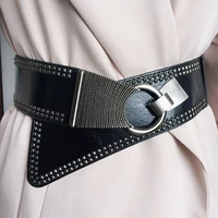 2019 punk style rivets beading round buckle women belt female pu leather super wide 9cm belts ceinture femme leisure cummerbunds