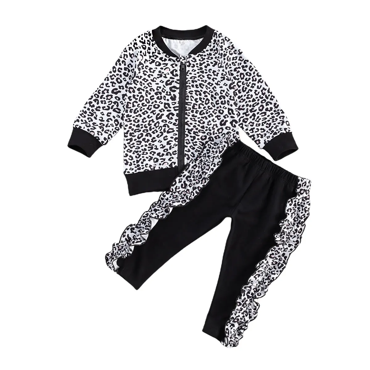 Детский Леопардовый спортивный костюм с длинным рукавом на молнии и оборками |