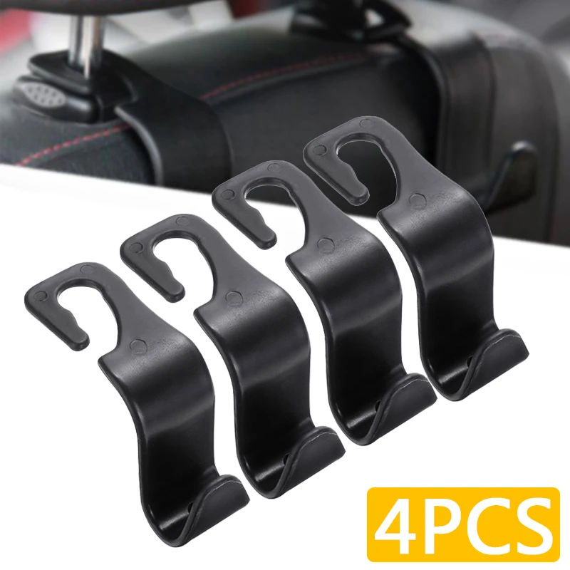

4pcs Plastic Holder Hook Car Seat Back Headrest Hook Multifunction Black Hook for All Car Models Groceries Bag Holder