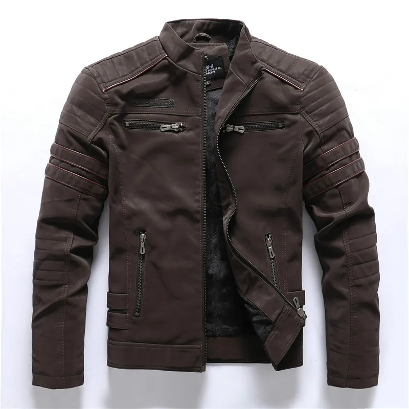 

New Faux Leather Jacket Men Winter Fleece Warm Motorcycle Windbreaker PU Leather Jackets Male Multi-pocket Embroidery Jackets