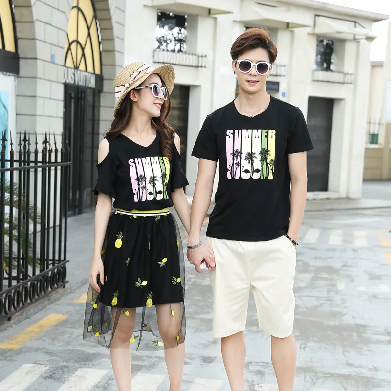 

Korean Couple Matching Clothes T-Shirts College School Lovers Pair Women Men Summer Mesh Vacational Dress Outfit Wear Set