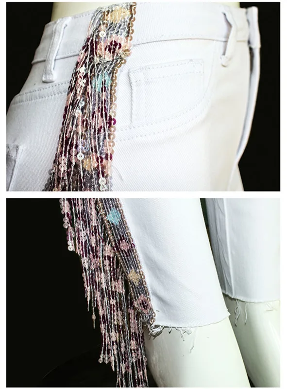 Женские белые джинсы с завышенной талией Осенние узкие блестками р9062 | Женская