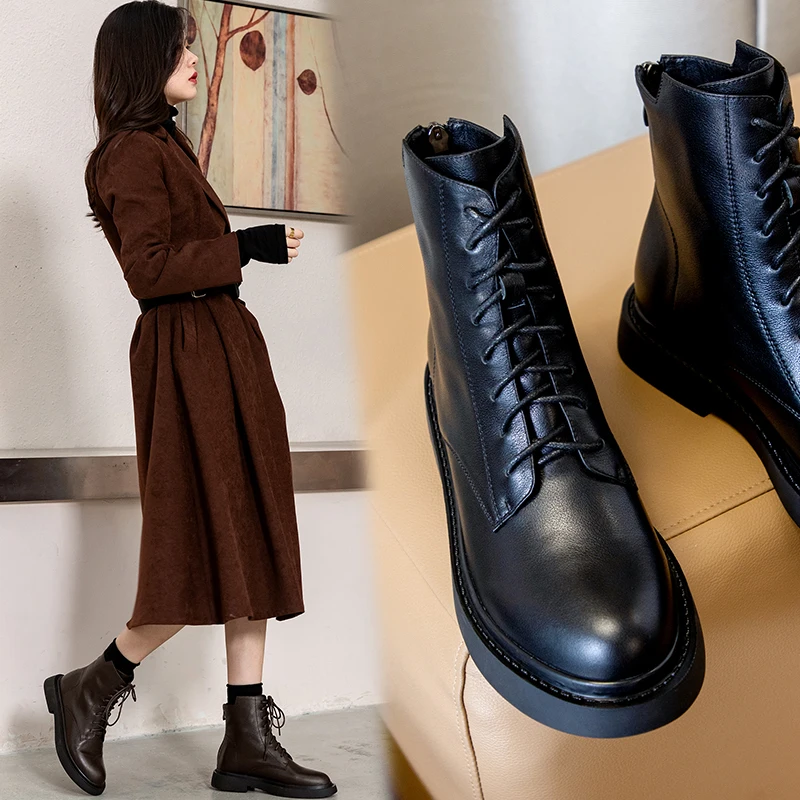 Murah Sepatu Bot Wanita Musim Dingin 2022 Sepatu Bot Pergelangan Kaki Kulit Asli Mewah Pendek Datar Ujung Bulat Sepatu Platform Pendek Cocok Untuk Semua Warna Coklat Hitam
