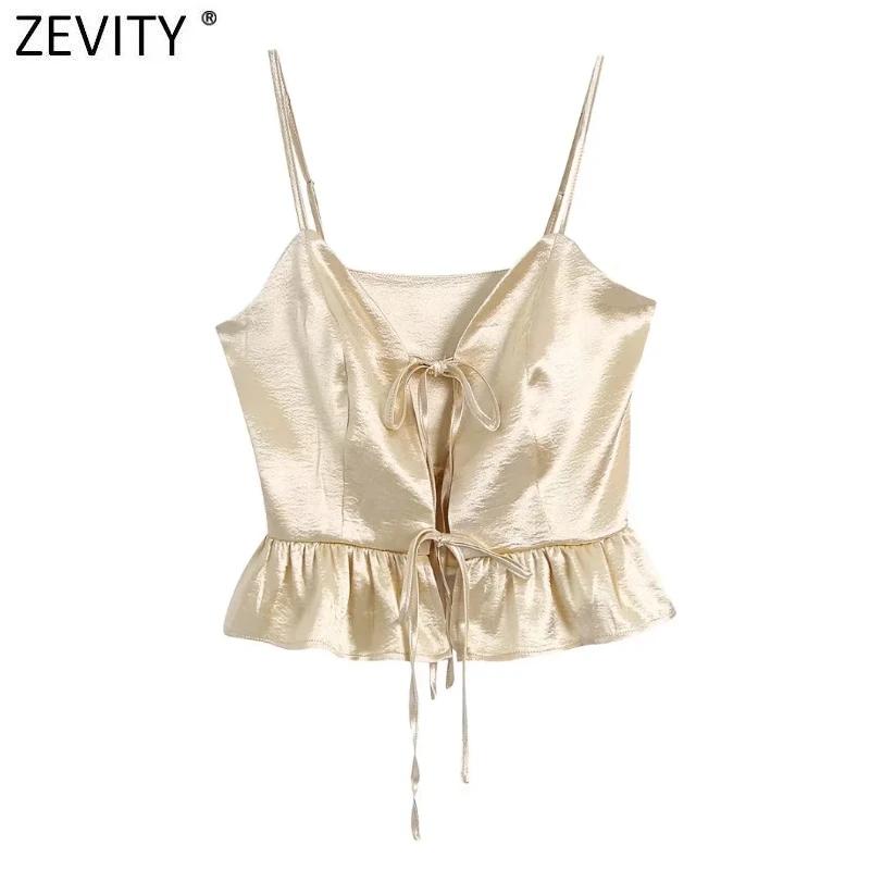 

Zevity Женская Сексуальная однотонная блестящая атласная короткая блузка на бретельках, Женская шикарная рубашка со складками и оборками на п...