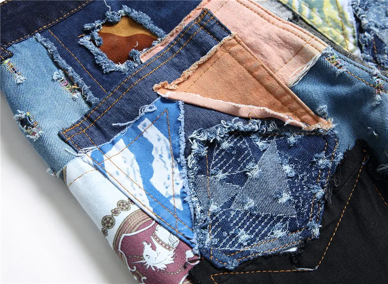 Men's Fashion Stitching Patch Design Patchwork Beggar Jeans Streetwear Buttons Fly Ripped Slim Personality Denim Pants