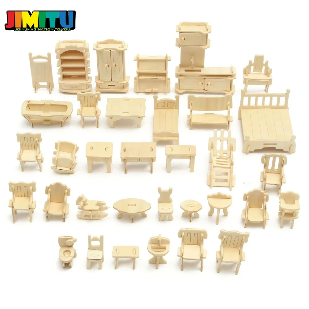 JIMITU 34 шт./компл. DIY Детский развивающий кукольный домик мебель 3D Деревянный пазл