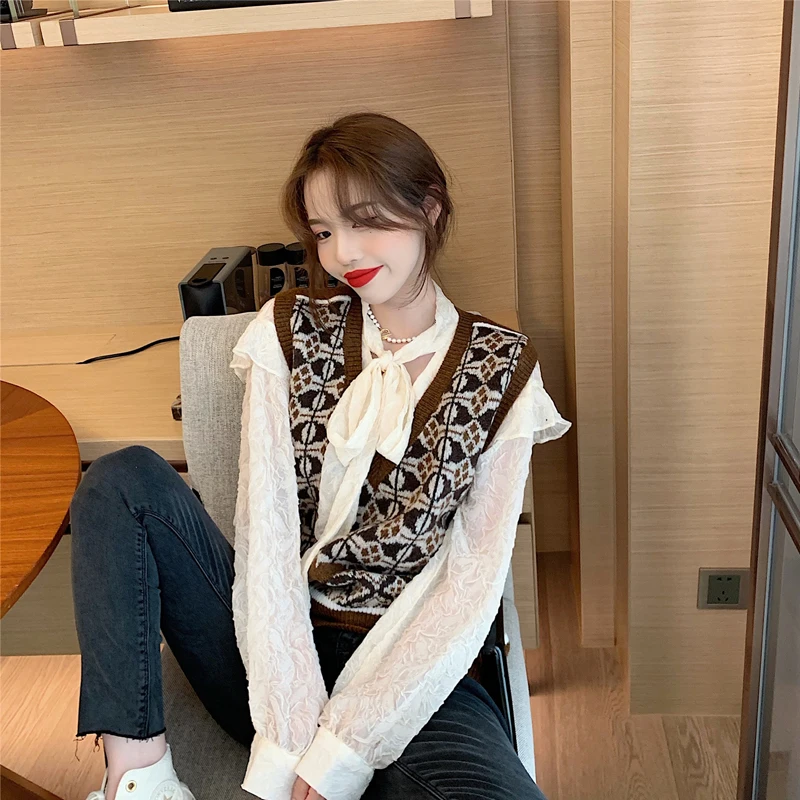 

Вязаный свитер, женский жилет, Ретро стиль, простой, универсальный, корейский стиль, свободный, Повседневный, стильный, с v-образным вырезом, ...