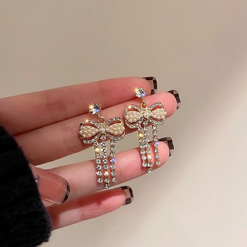 

New Trendy Pearl Bowknot Crystal Tassel Drop Earrings for Women Girl Jewelry AAA Zircon S925 Needle Weddings Birthday Party Gift