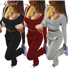 Женский осенний комплект из двух предметов для фитнеса, однотонный укороченный топ с широким воротником и длинными рукавами, футболка с штанами, костюм для активного отдыха, спортивный костюм