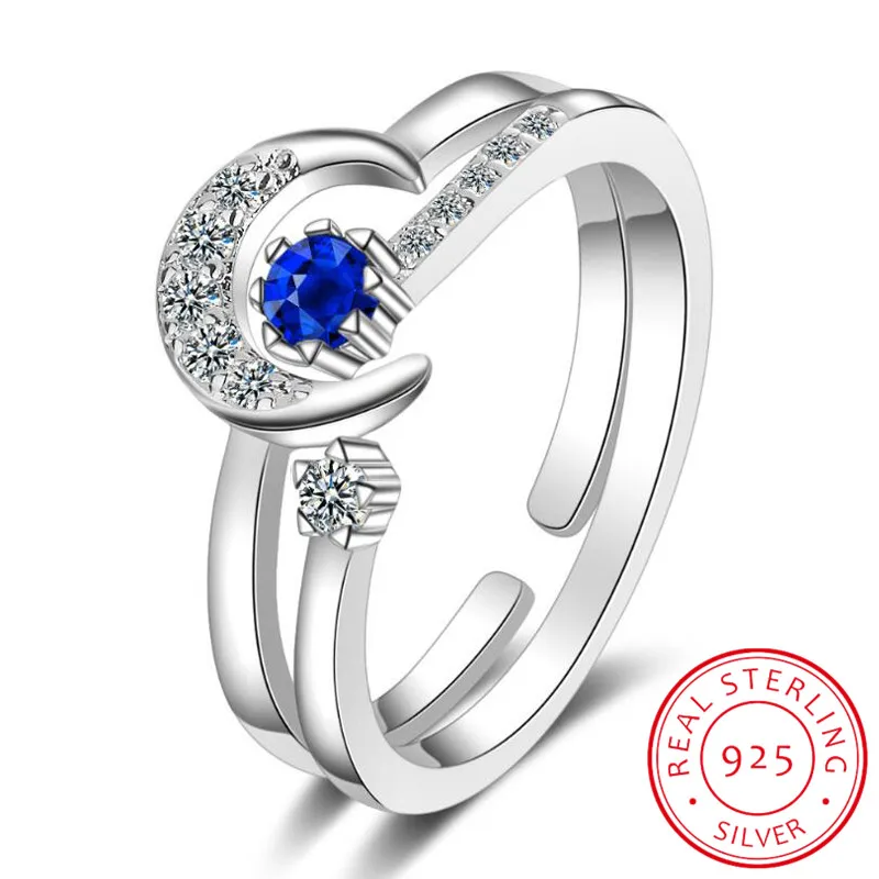 

925 Stamp Silver Moon Star Opening Rings for Women Creative Trendy Two-in-one Crystal Rings Party Jewelry Adjustable