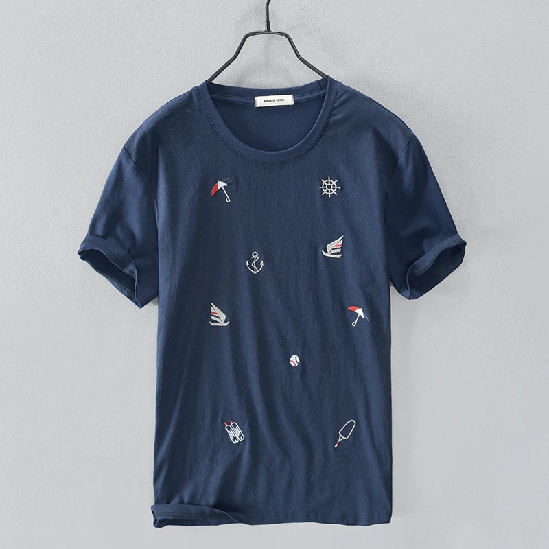 

Футболка мужская с вышивкой, модная тенниска из хлопка и льна, Повседневная Удобная майка с круглым вырезом, Однотонная рубашка