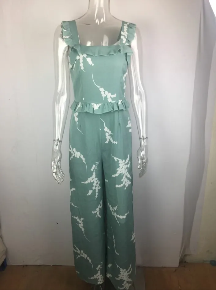 

WEPBEL Summer Sexy Spaghetti Strap Ruffled Stitching Printing Jumpsuit Women's Square Collar High Waist Wide Leg Jumpsuit