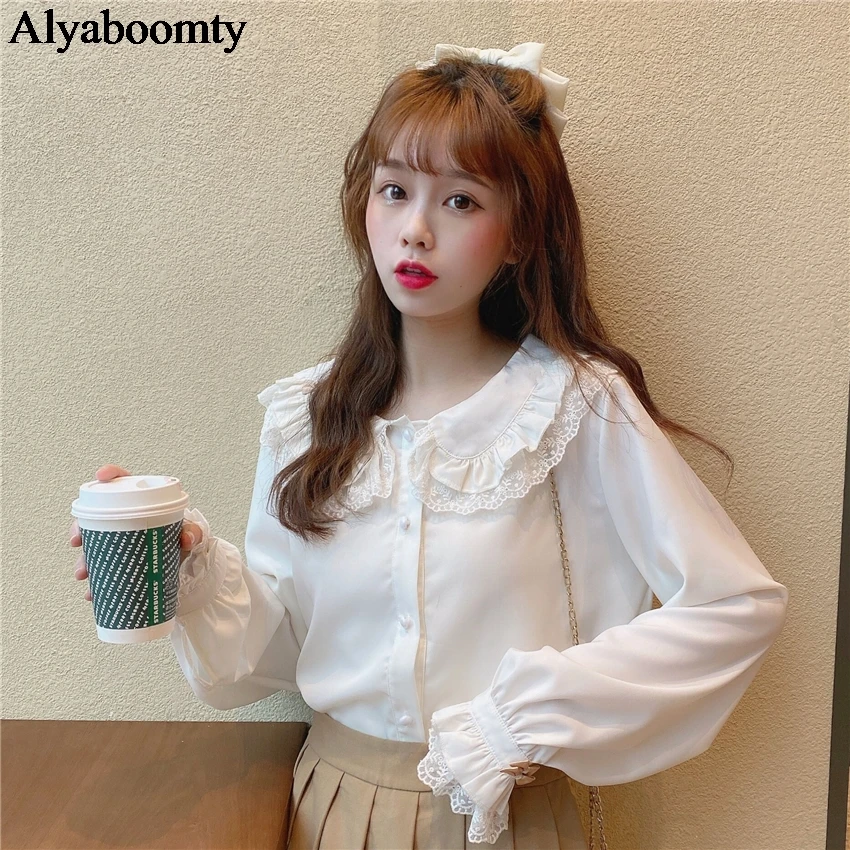 Женская блузка в японском стиле Лолита весна осень воротник Питера Пэна с