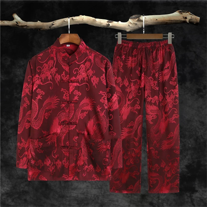 

Traditional Chinese Clothing Set Man Oriental 2 Pieces Tai Chi Kung Fu Uniform Short Sleeve Satin Dragon Chinese Costumes Hanfu