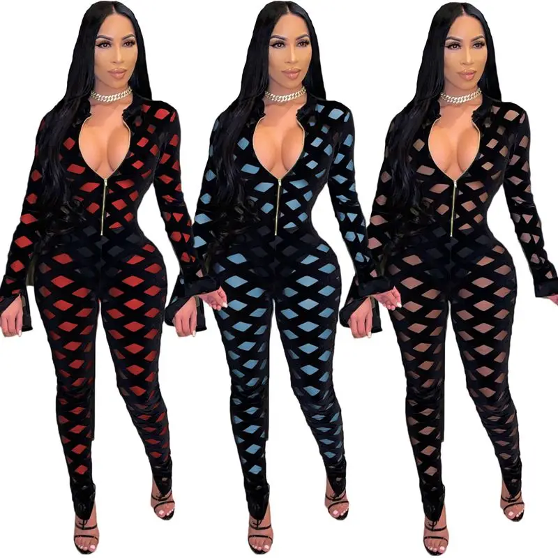 

Sexy Mesh zip Romper women fashion Jumpsuit Long Sleeve Bodysuit Club Outfits Ladies One Piece Street Style Playsuit