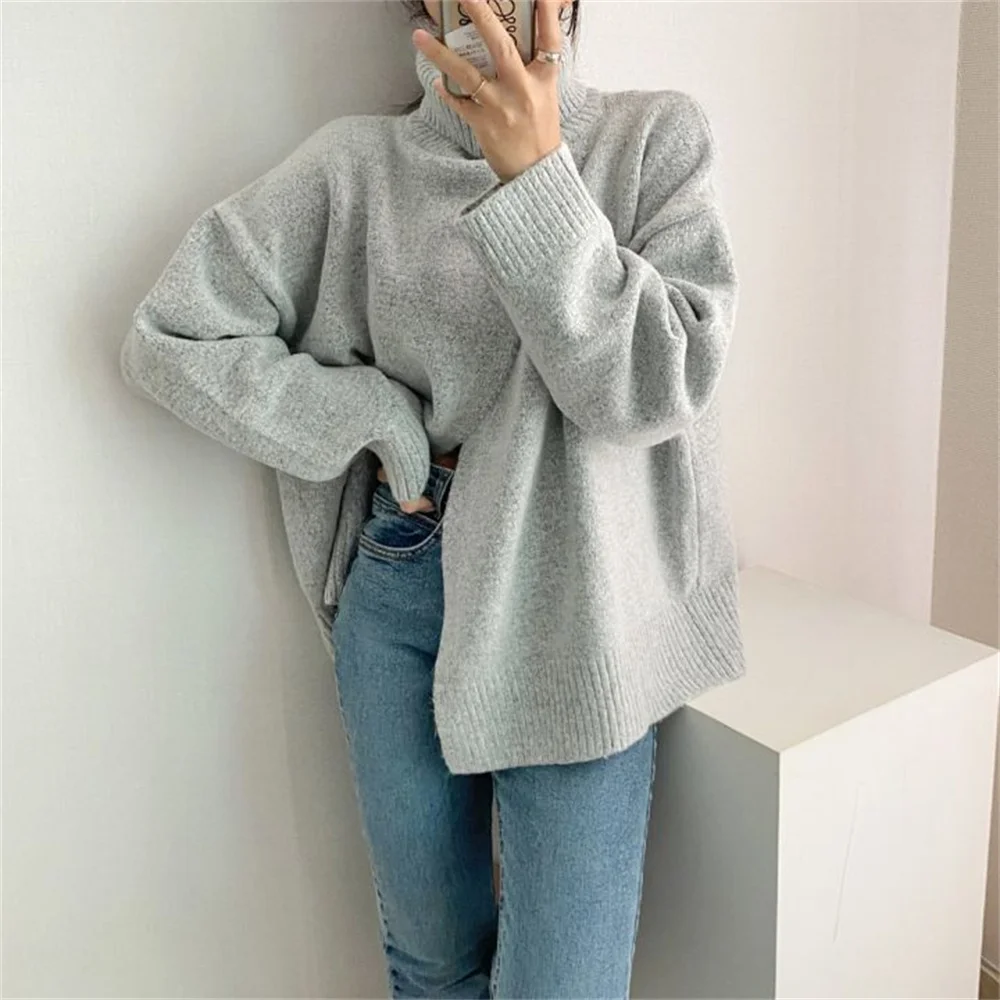 

Женский свитер оверсайз с разрезом, повседневный Однотонный свитер в стиле Харадзюку, мягкая водолазка на зиму, новинка 2021, удобный теплый в...