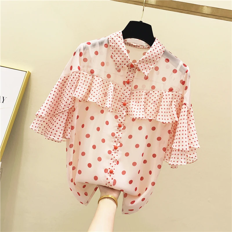 

2020 new original design chiffon blouse polka dot print ruffles tops summer short sleeve pink shirts female ladies work wear top
