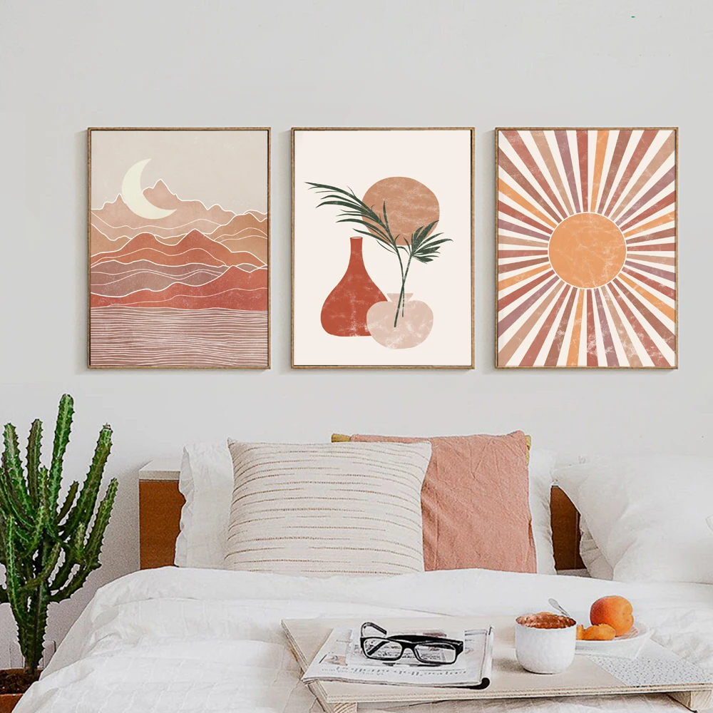 

Boho Art Posters Abstract Canvas Picture Moutain Sun Moon Paintings for Interior Modern Home Room Decor Frameless Wall Art
