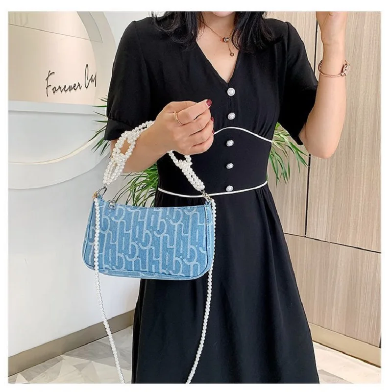 Новинка лета 2020 женская джинсовая сумка через плечо с жемчужной цепочкой для