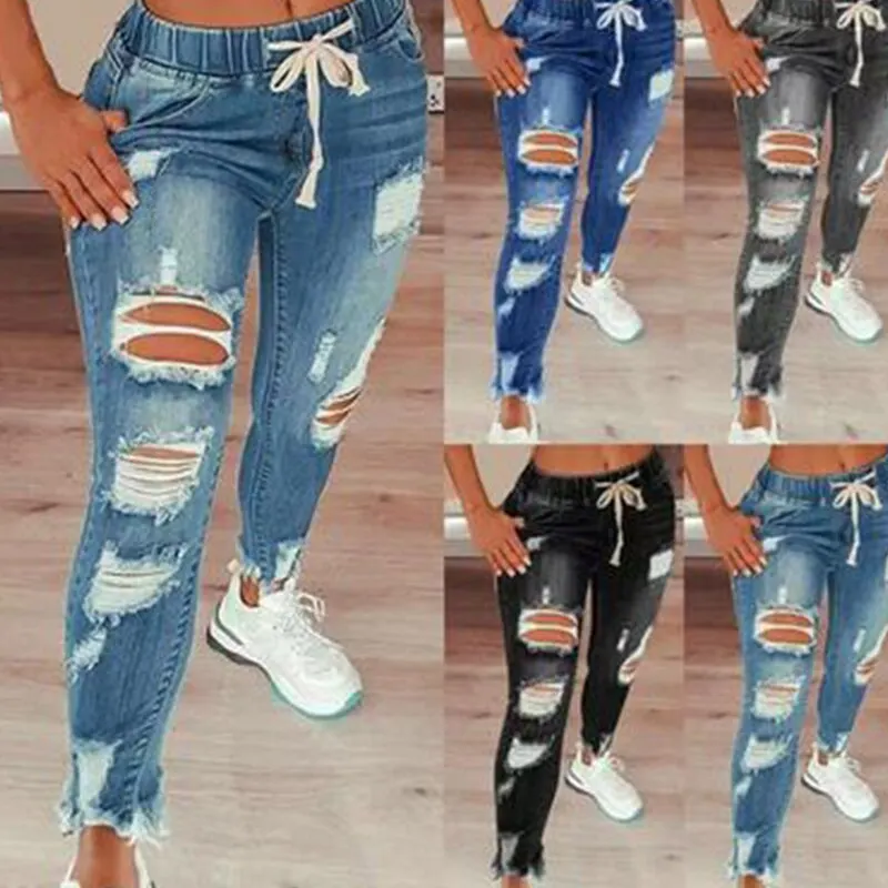 

Vintage Casual Ripped Jeans Denim Stretch For Women Plus Size Ripped Streetwear Mid Rise Trouser Skinny Hole Denim Pencil Pants