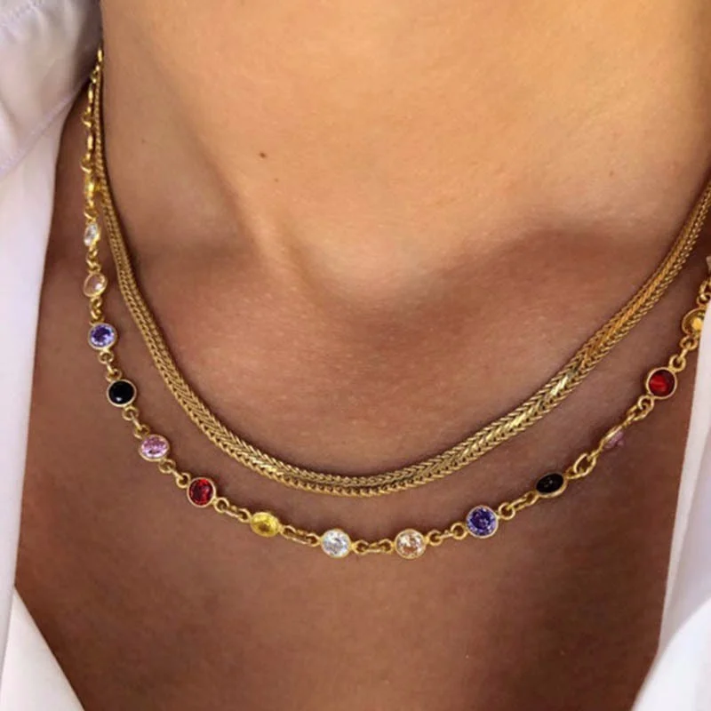 

Two Layer Rhinestone Necklace Women's Fashion Titanium Steel Jewelry Accessories Zircon Bohemian Beach Necklace Gift