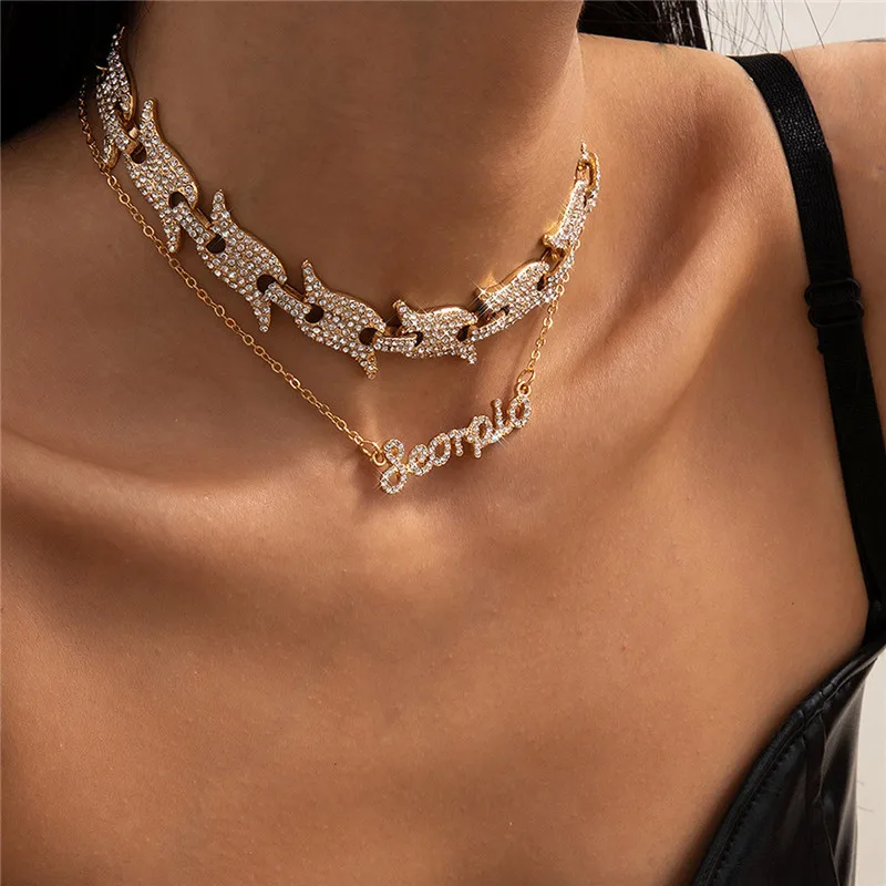 

Personality Multi-layer Tassel Necklace Female Punk Diamond-studded Cuban Buckle Chain Letter Necklace Set