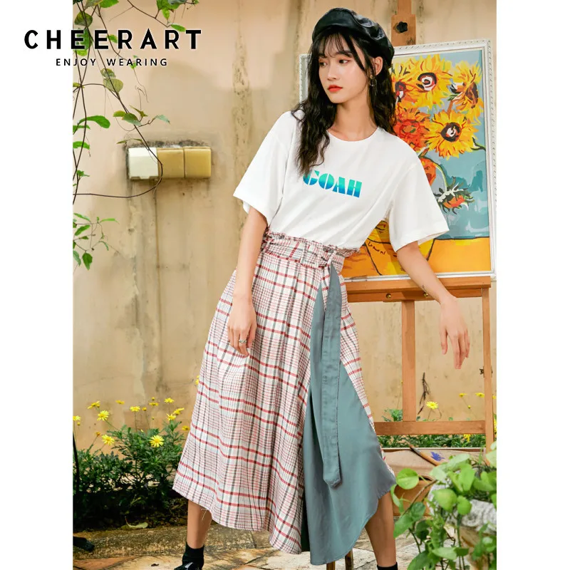CHEERART летнее платье рубашка в клетку с имитацией 2 шт. повседневное корейское