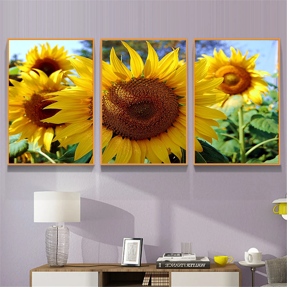 Картина с подсолнухами 3 панели настенное искусство желтый цветок цветочное