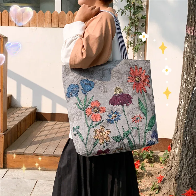 

Large Capacity Women Canvas Bag New Flower Print Do Not Fade Shoulder Bag Zipper Messenger Bag Daily Shopping Handbag School Bag