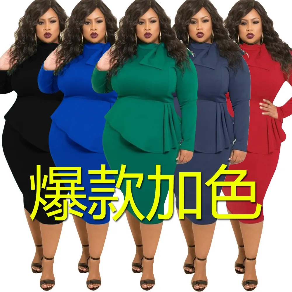 

Autumn winter women's new dress bowknot Soild long-sleeved Formal women Wide Size Round Neck Maxi Dress