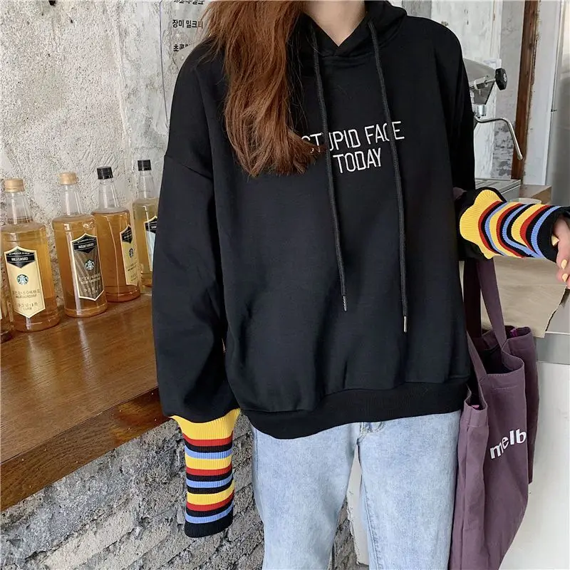 

Свитшот женский с капюшоном, Модный пуловер в Корейском стиле, Повседневная Толстовка с длинным рукавом, уличная одежда, свободная толстовка с надписью и вышивкой в стиле пэчворк