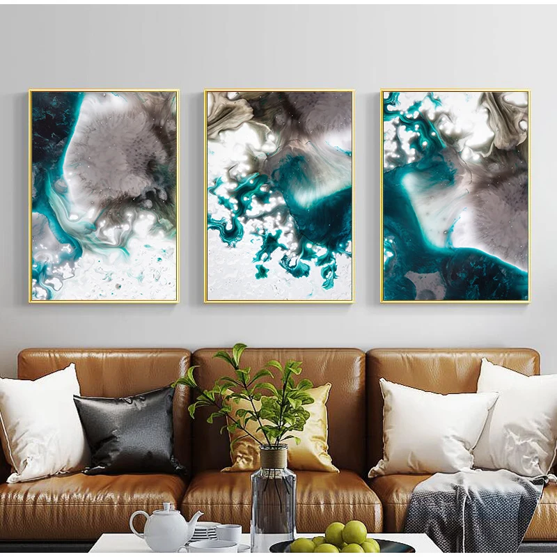 Mordern Abstract color spalsh blue golden Ink and white canvas painting poster print wall art pictures for living room bedroom | Дом и сад