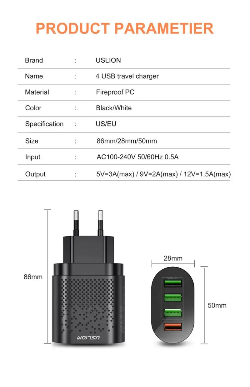 Быстрая зарядка 4 0 3 USB зарядное устройство универсальное порта EU US вилка адаптер