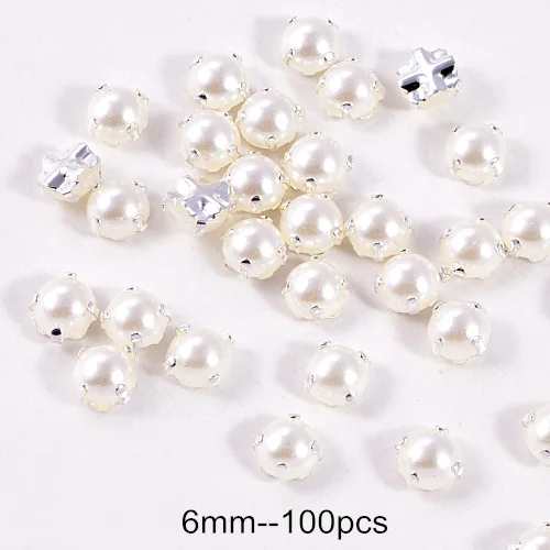 6mm--100pcs 5 мм-10 мм 100 шт белые жемчужные бусины для шитья Стразы с серебряными клешнями полукруглые жемчужины для свадебного платья Y3542 - Цвет: 6mm--100pcs