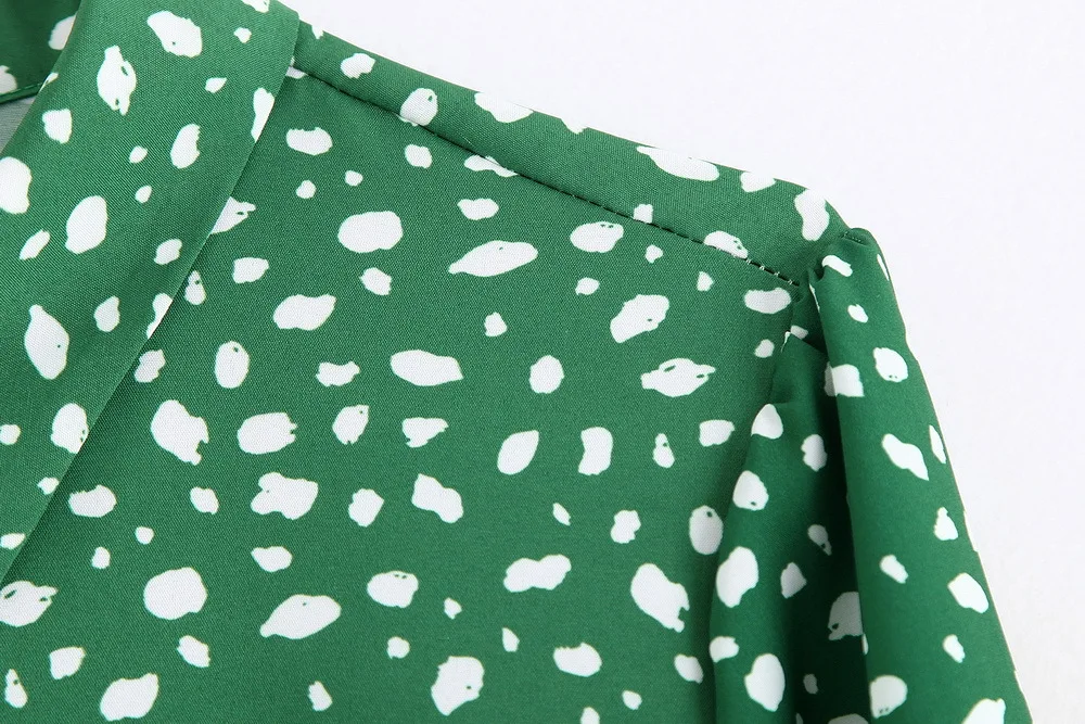 Trendy ZA Green White Dot Print Long Dress Women Boho Turn-Down Collor Belt Split Hem Design Charm Elegant Autumn Style Dress