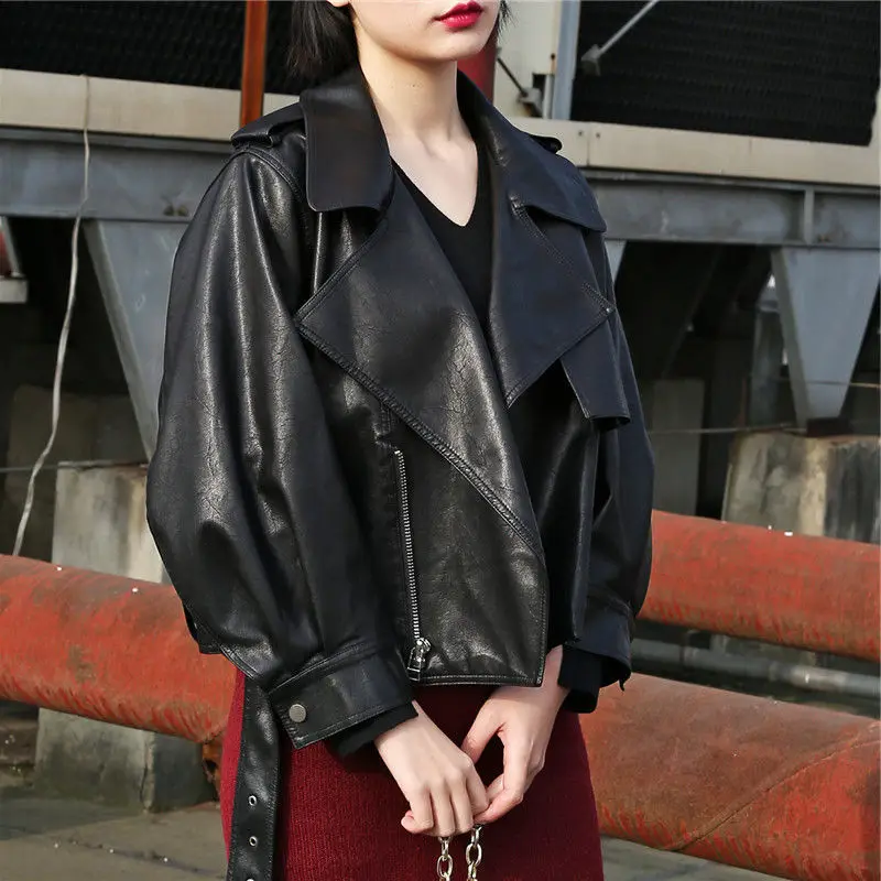 

Women's Leather Jackets Turn-down Collar Buckle Waist Loose Cool Biker Coat Wholesale 2021 New Fashion Female Autumn Clothing