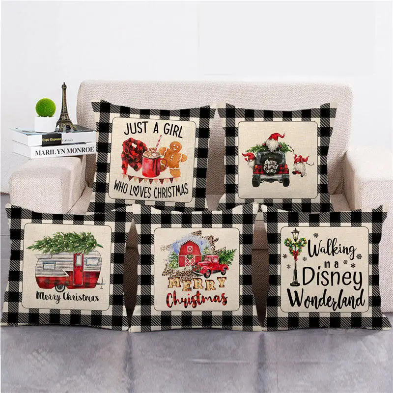 Оптовая продажа наволочка черный плед и Рождество дизайн Наволочка лен/хлопок