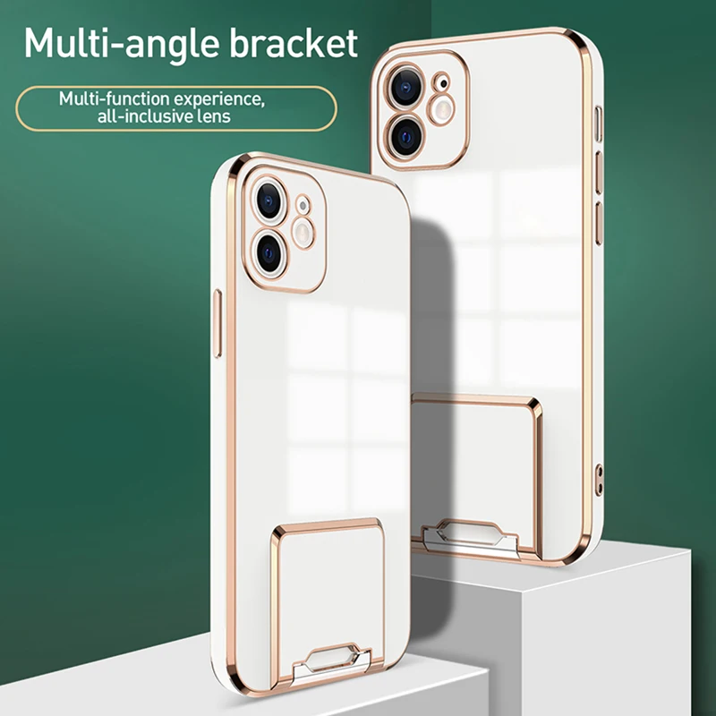 

Plating Simplicity Solid Color Phone Case with Stand Holder For iPhone 11 X XS XR Pro Max Luxury Lens All Inclusive Soft Cover