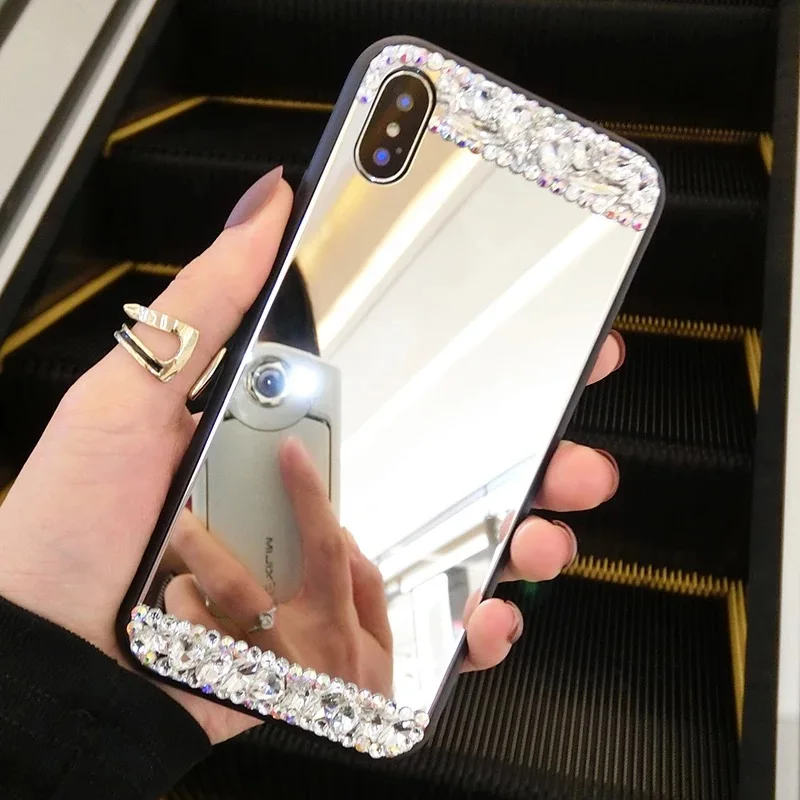 

2019 explosion tempered glass mirror rhinestone mobile phone case for iphone 7 8 XR XSmax mobile phone case