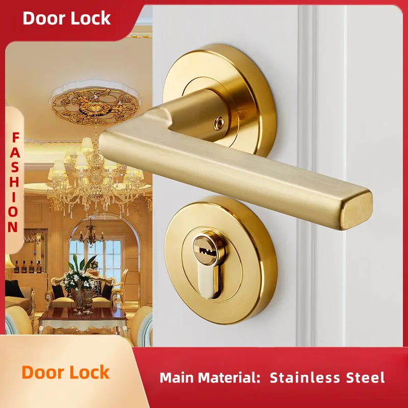 

Golden Modern Stainless Steel Door Lock Interior Solid Wood Panel Handle Lock Bedroom Bookroom Toilet Household Wooden Door