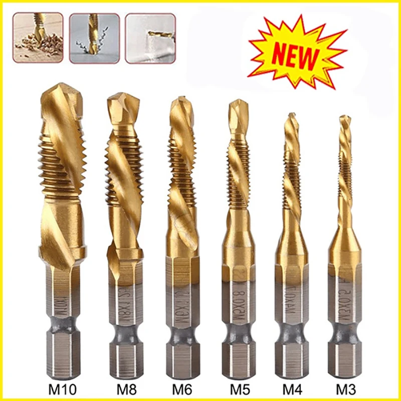 

6Pcsc Hex Shank Titanium Plated Tap Drill Bits, M3/M4/M5M6/M8/M10 Screw Tap Drill Bits