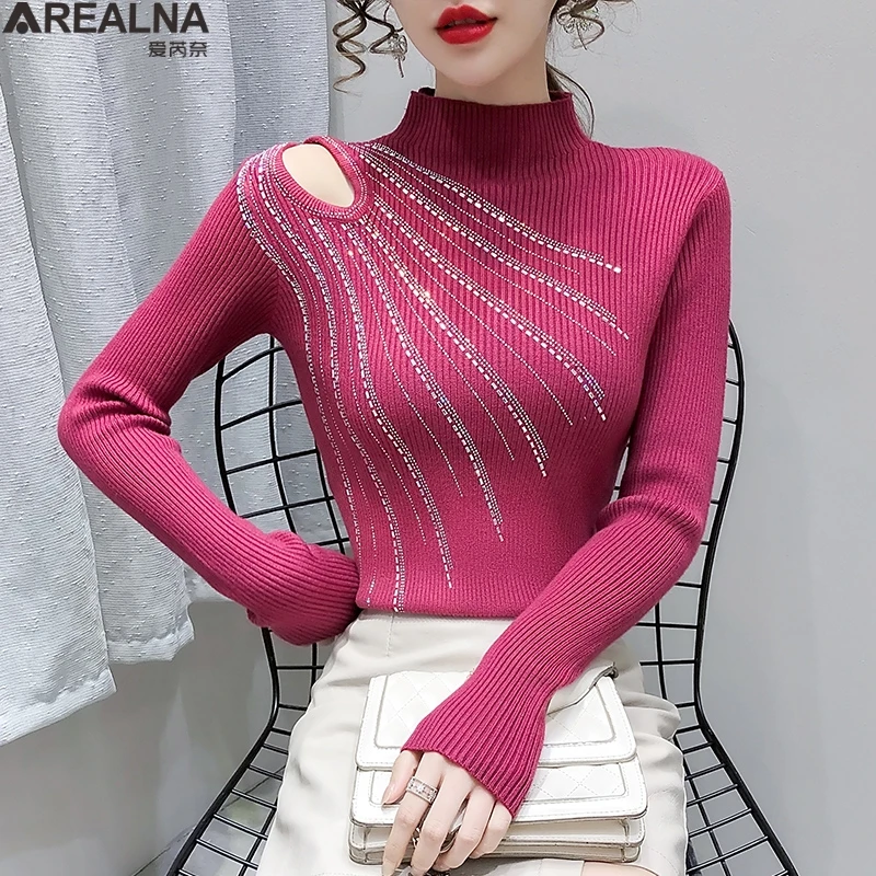 

Женский трикотажный свитер, корейский свитер с открытыми плечами и бриллиантами, с длинным рукавом, весна 2021