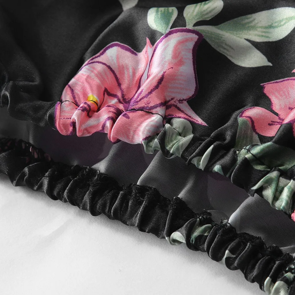 Модные женские шелковые атласные пижамы с принтом кружевные v-образным вырезом