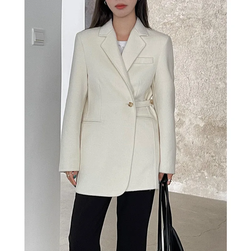 

Modern version little suit coat INS wind can commute can leisure side waist TAB wool cashmere coat