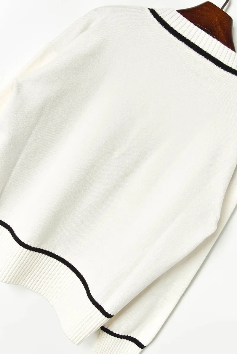 

Luxury Brand Designer Knitted Sweater for Women V Neck Black White Rope Bow Knitted Sweater Black White Pullover