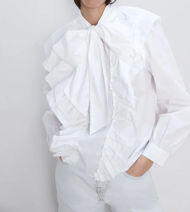 blouse DEAT осень зима стойка воротник белый длинный фонарь рукав лук Свободная рубашка женская блузка MG459 - Цвет: blouse