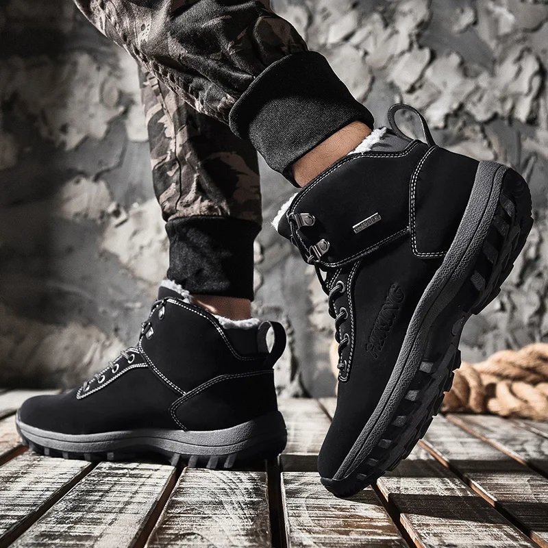 Зимние теплые ботильоны для мужчин кожаные меховые плюшевые зимние ботинки