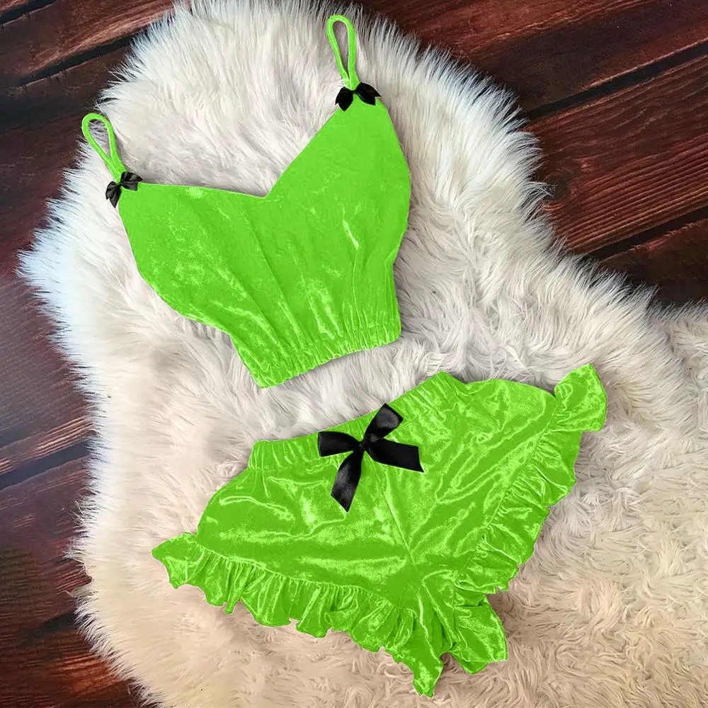 

New Women Plus Size Velvet Pajamas Set V-Neck Sexy Camisole Sleepwear Bowknot Tops Shorts Set pijamas mujer pyjamas feminino