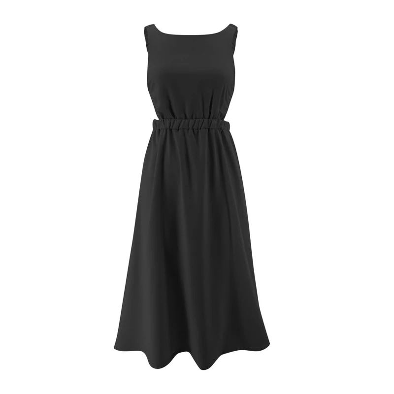 

2021 Elegant Summer solid backless a-line dress women O-neck cotton high waist dress sleeveless Sexy long dresses
